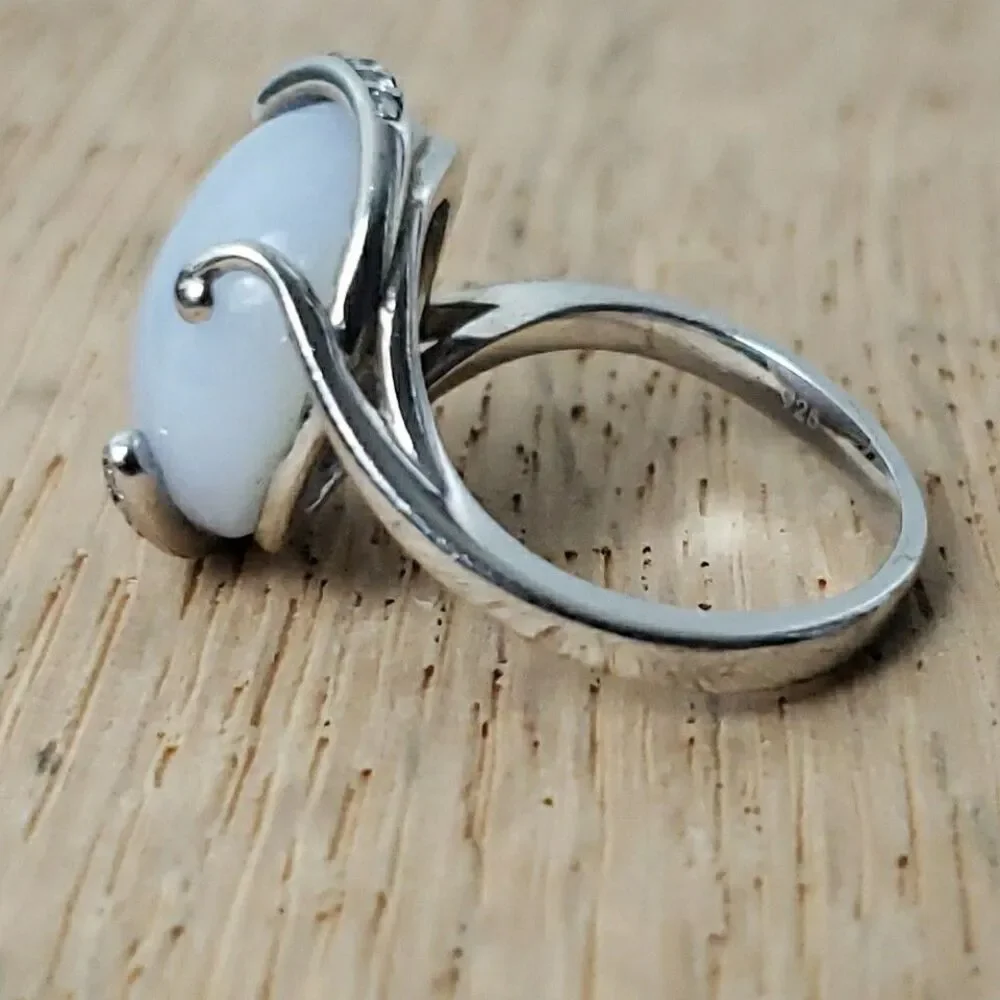 Blue Lace Agate Cabochon Ring CZ Accent 925 Silver Size 6